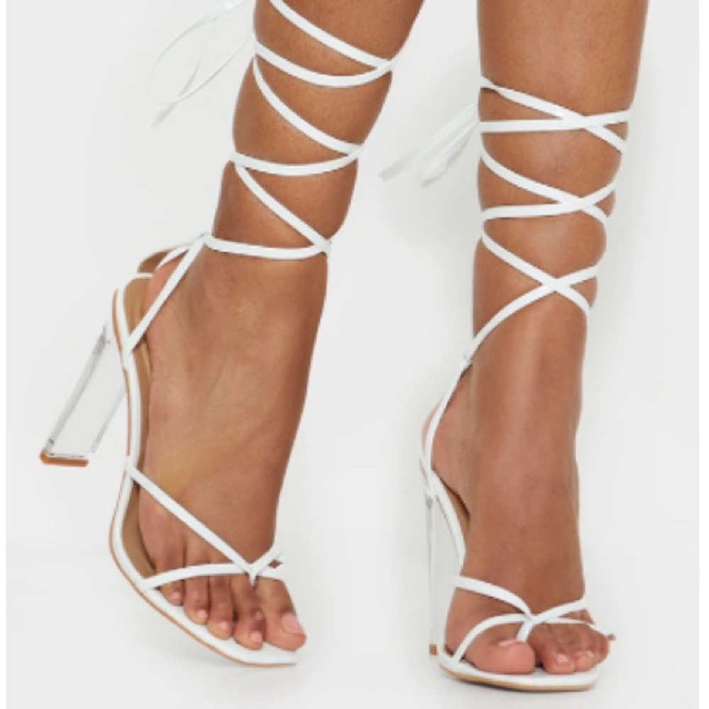 White Lace Up High Heels